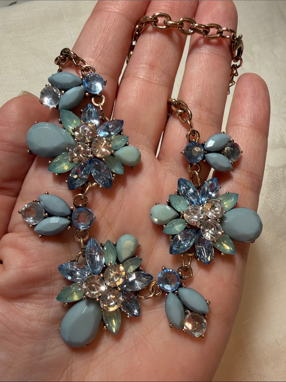 Floral Rhinestone Statement Necklace Sage Dust Blue Gold Tone